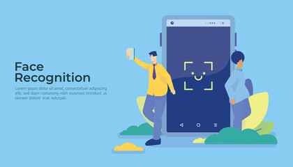 Face recognition data security design concept. cyber security, biometrics facial identification system scanning on mobile phone. web landing page template