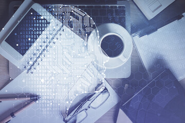 Double exposure of brain drawing over work table desktop. Top view. Global data analysis concept.