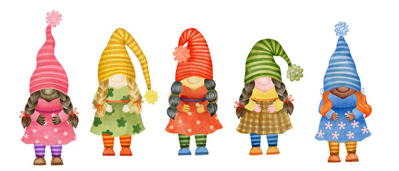 Watercolor set of cute gnomes of different nationalities. 