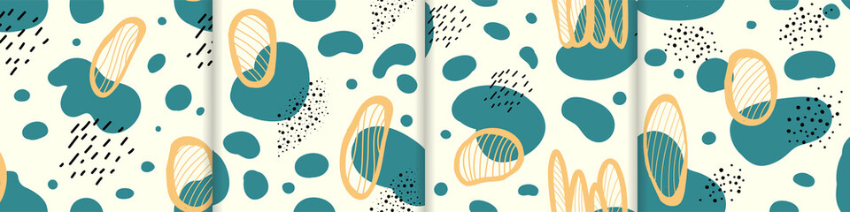 Seamless abstract trend patterns. Patterns with spots and different elements. Patterns for textiles, item design, web page design, social networks. Vector graphics.