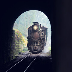 Fototapeta na wymiar Steam retro train approaches to the tunnel.