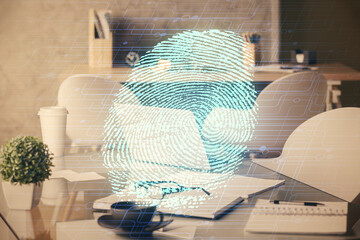 Double exposure of finger print and office interior background. Concept of security.