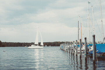 Barche a vela, regata nel lago berlinese Tegel See. Colori freddi invernali contrastati dal blu...