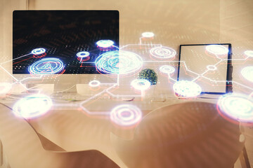 Fototapeta premium Double exposure of social network theme drawing and office interior background. Concept of web.