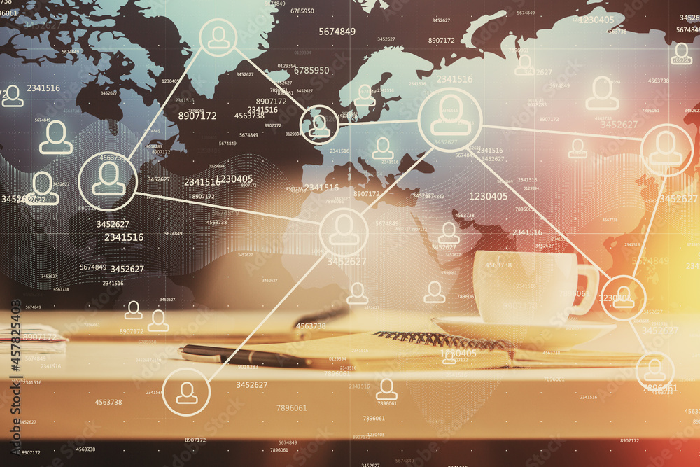 Poster double exposure of social network drawing and desktop with coffee and items on table background. con