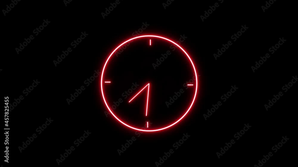 Poster neon clock. abstract red color neon light clock animation on black background.
