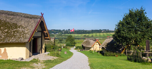 Panorama of the old Viking village Fyrkat near Hobro, Denmark