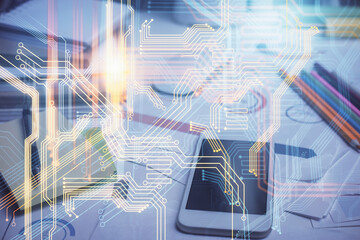 Double exposure of map drawing and cell phone background. Concept of data globalization