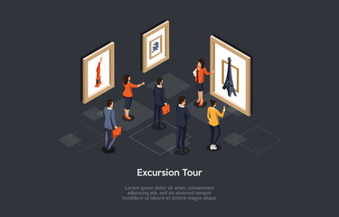 Conceptual Illustration. Vector Isometric Composition, Cartoon 3d Style. Excursion Tour Ideas. Group Of People Watching Picture Exhibition With Famous Showplaces. Female Worker Showing Showpieces