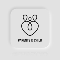 Family, two parents and child symbol. Adoption, parenting logo in heart shape. Modern vector illustration.