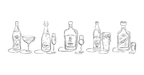 Vermouth, champagne, liquor, beer, rum. Bottle and glass in hand drawn style. Restaurant illustration for celebration design. Sketch. Line art. Design element. Beverage outline icon.