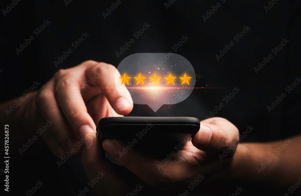 Poster Businessman using smartphone to  the best customer client evaluation score for use product and service concept by 3d rendering.