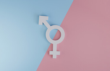 White sign of man on blue background and woman sign on pink background for equal business human...