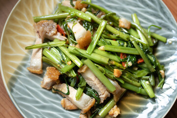 Stir Fried Morning Glory with Crispy Pork