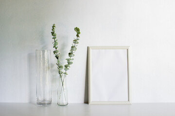 A frame with leaves on a white wall with nature light. 
