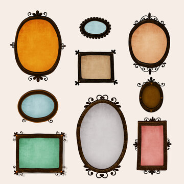 Fantasy illustration vintage set collection drawing frame