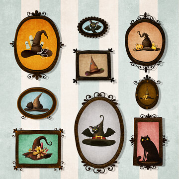 Fantasy illustration greeting card  vintage set collection drawing frame with halloween hat and element. 