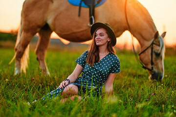 Young cute happy stylish joyful fashionable romantic satisfied smiling woman wearing hat and...