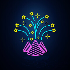 Neon confetti icon looks clear. Festive firecracker with neon stripes. Festival and event icon. Neon icon.