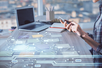 Multi exposure of woman hands working on computer and data theme hologram drawing. Tech concept.