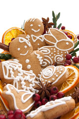 Christmas cookies and spices on white background
