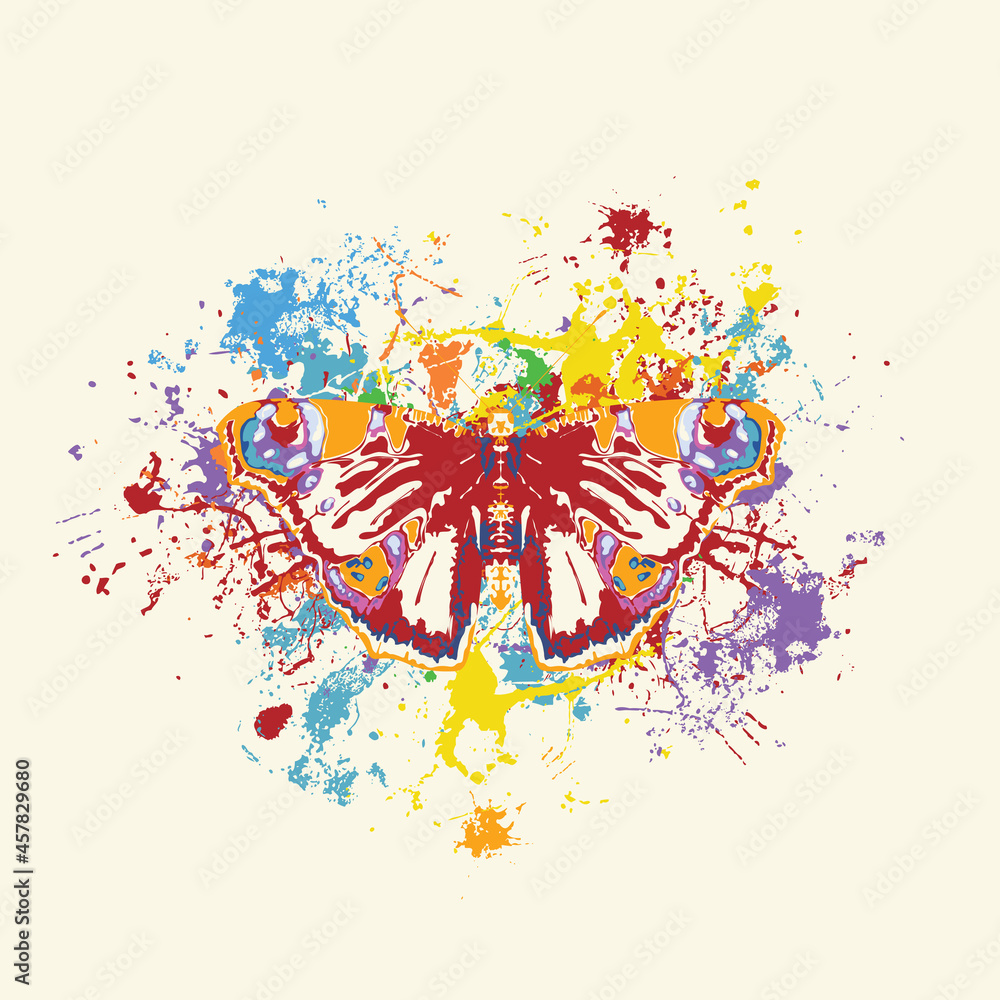 Poster abstract vector illustration of a peacock eye butterfly with open wings on a light background with c