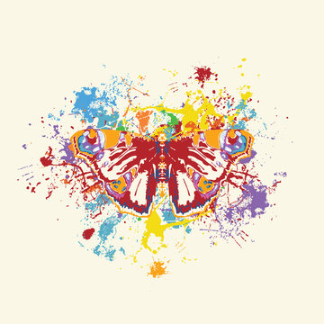 Abstract vector illustration of a peacock eye butterfly with open wings on a light background with colorful paint spots. Creative banner with beautiful insect in modern style. T-shirt print, graffiti