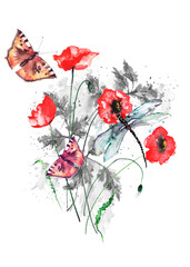 Watercolor Frame of Red poppy, branch. drawing plant. Card with Red poppy flowers. Garden flowers. wreath of wildflowers. Thickets of grass. For logo, card. A dragonfly, butterfly flies over a bouquet