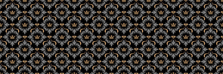 Background pattern with decorative ornament in vintage style on a black background. Seamless pattern, texture. Vector image