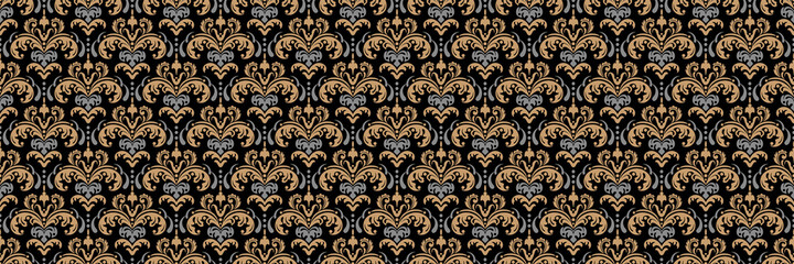 Decorative background pattern with floral elements on a black background. Seamless pattern, texture