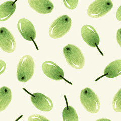 Green Olives Scattered Watercolor Seamless Pattern