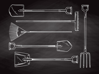 Set of different garden tools. Shovel, rake, pitchfork, spade. Vector illustration