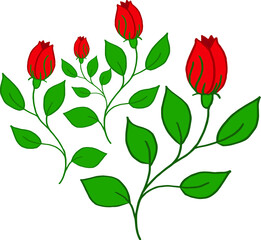 Vector branches of a red rose with buds. Red roses with green leaves.