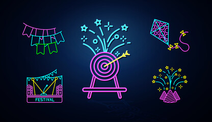 Neon ornament, fun, confetti and kite icon looks clear. Neon striped banner set. Festival and event icon set. Neon icon set.