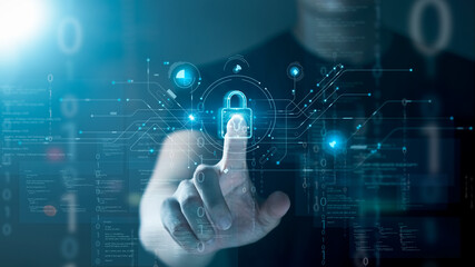 Cybersecurity data protection. Businessman holding padlock protect business financial and virtual cyber network connections. development of intelligent technology innovations from digital attacks.