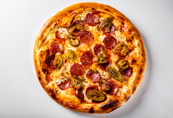 Hot Pepperoni Pizza with Mozzarella cheese, salami, Tomato sauce, pepper, Spices.