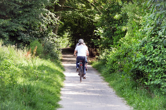 Familienausflug mit dem Fahrrad auf einem Radweg durch den Wald bei schönem Wetter