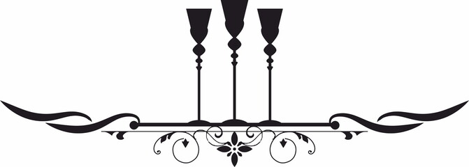 Wine glass, alcoholic icon and logo, simple black graphic silhouette, decorative text break and divider element
