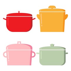Pans. Kitchenware items, collection of cartoon kitchen tools for cooking, vector illustration of elements for cooking and frying isolated on white background.