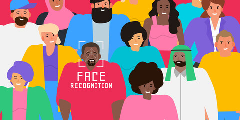 facial  recognition scanning system technology face id crowd of diverse people vector illustration