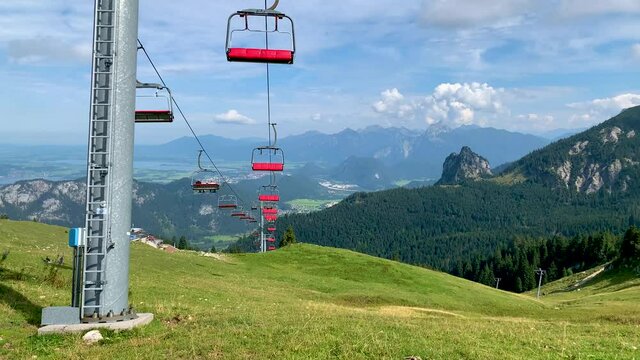 German Alps, Panoramic view of Allgäu Hochalp ropeway ski lift during a hike in the summer close to Pfronten