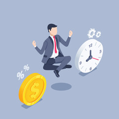isometric vector illustration on gray background, man in business suit meditates between gold coin with dollar icon and clock, find balance and harmony