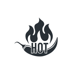 flat vector illustration on white background, hot chili pepper icon and fire with inscription hot