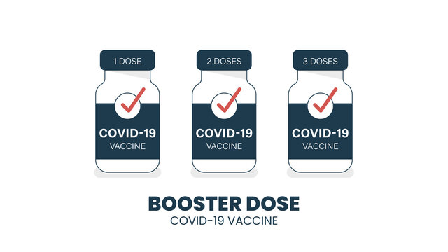 Illustrator vector of Vaccine bottle. with Booster Dose COVID-19 Text. Third booster shots vaccine after primer dose. Booster injection to increase immunity or COVID-19 vaccine booster dose concept.