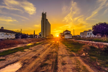 sunset over the old abandoned building Moura Alentejo Portugal 