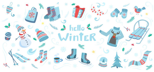 Winter elements set with snowman, gifts, ice skates, and warm wear. Isolated on white.