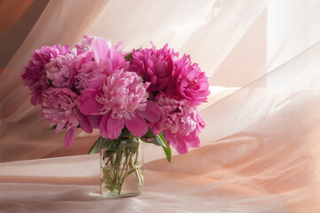 Bouquet of pink peonies in vase on a beige background
