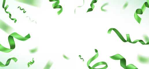 Green silk flying ribbons on bright background. Realistic vector illustration with copy space. Banner template