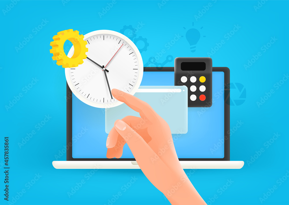 Poster time management vector concept. modern laptop with clock and hand
