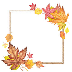 Gold square frame with colorful autumn leaves. Watercolor illustration on white background.